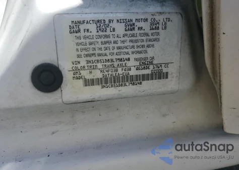 2003 Nissan Sentra Xe из США, поврежденный, VIN 3N1CB51D83L798148